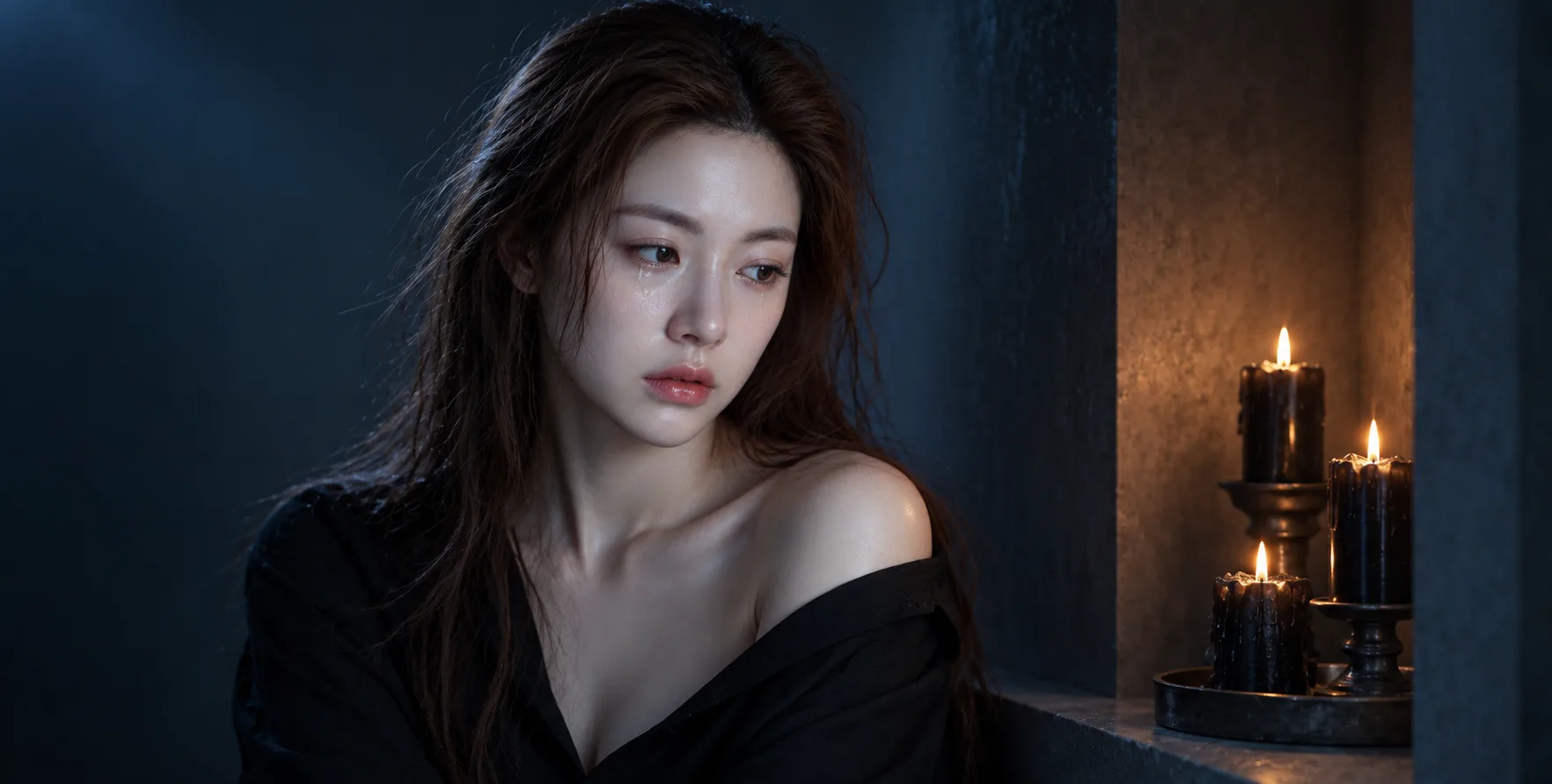 月光与黑烛意象下的成年女性忧郁肖像