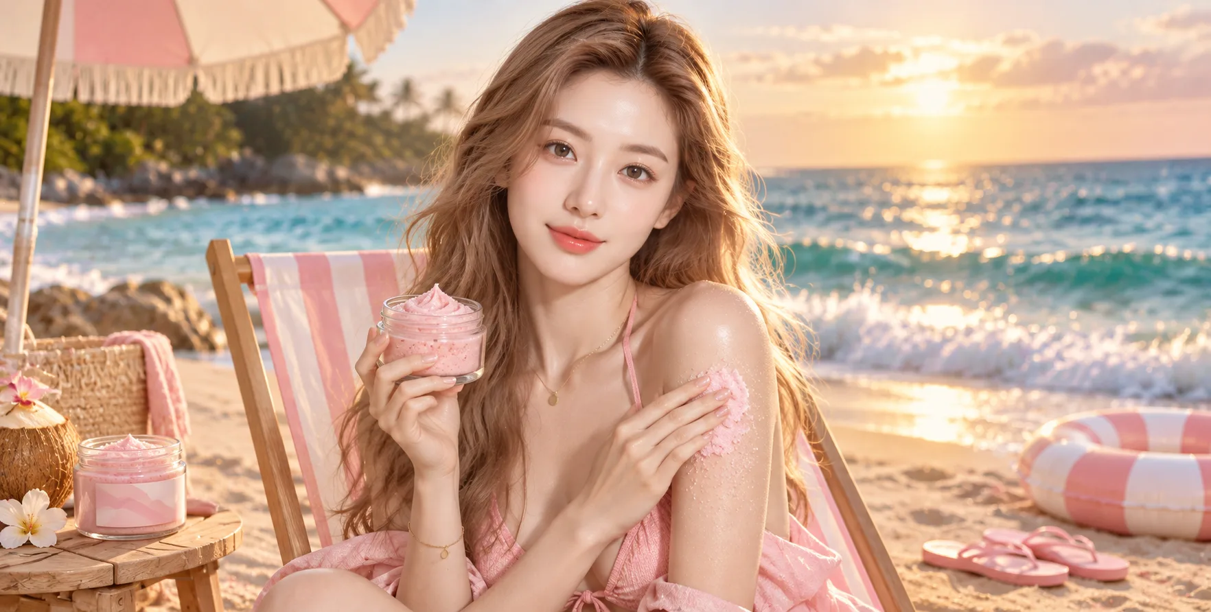 热带海滩金色时刻的粉色身体磨砂膏广告