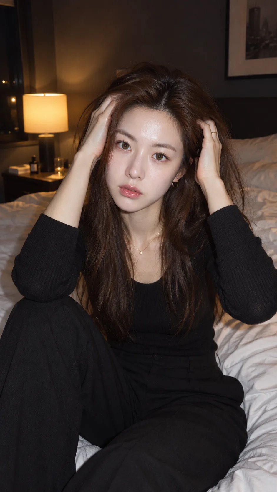 深夜卧室直闪下的自然发丝肖像
