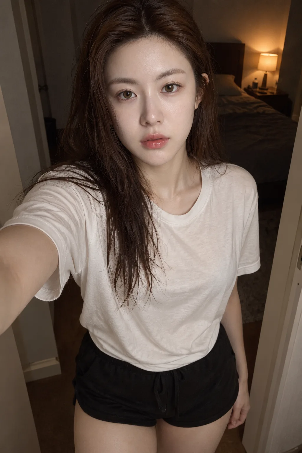 暖钨丝灯下的夜间卧室自拍