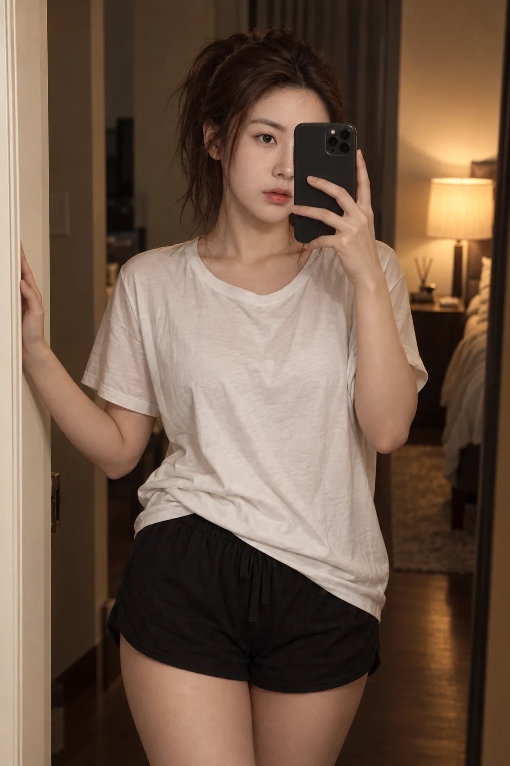 暖光卧室里的成年女性镜面肖像