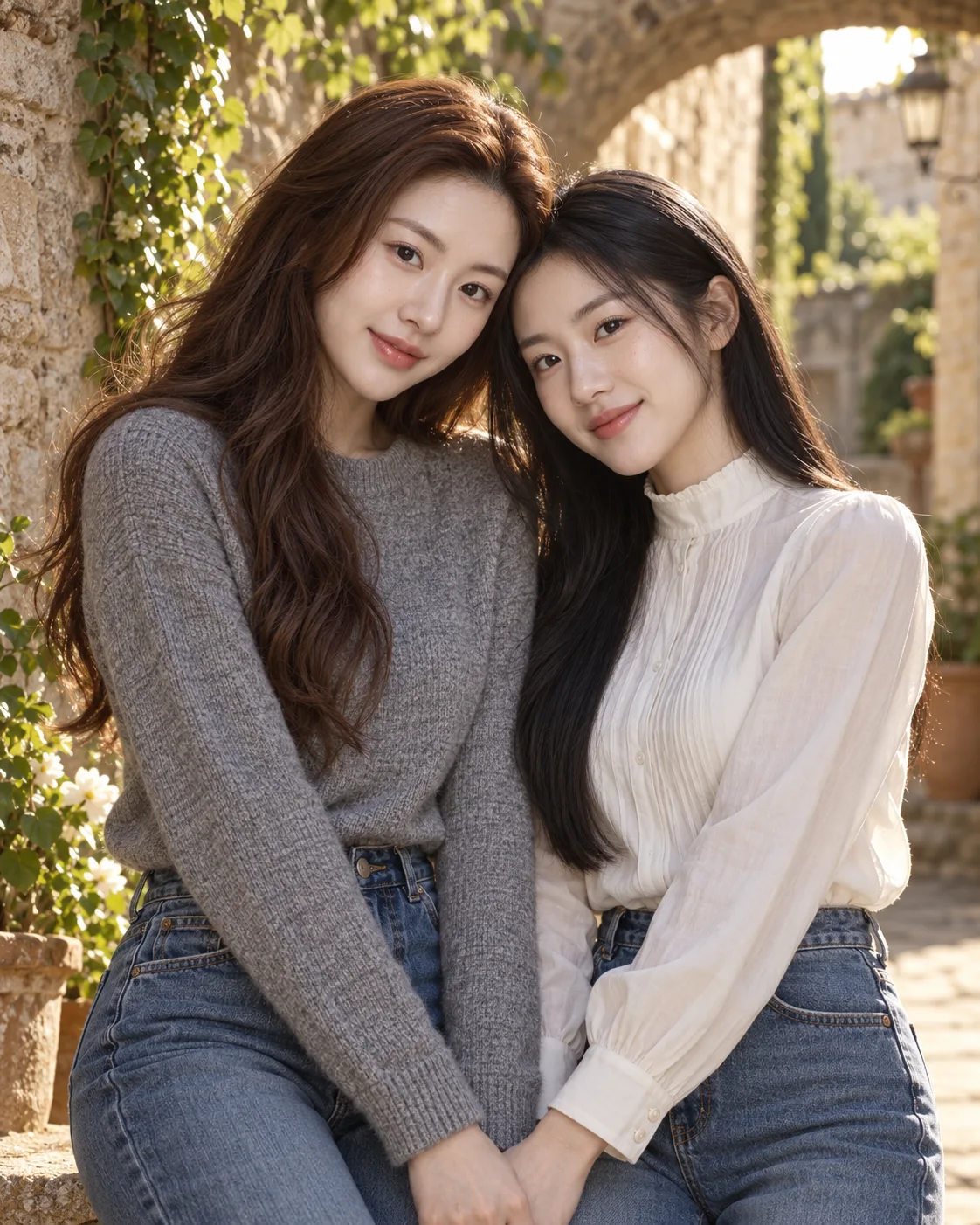 南欧庭院中两位成年女性的温柔肖像