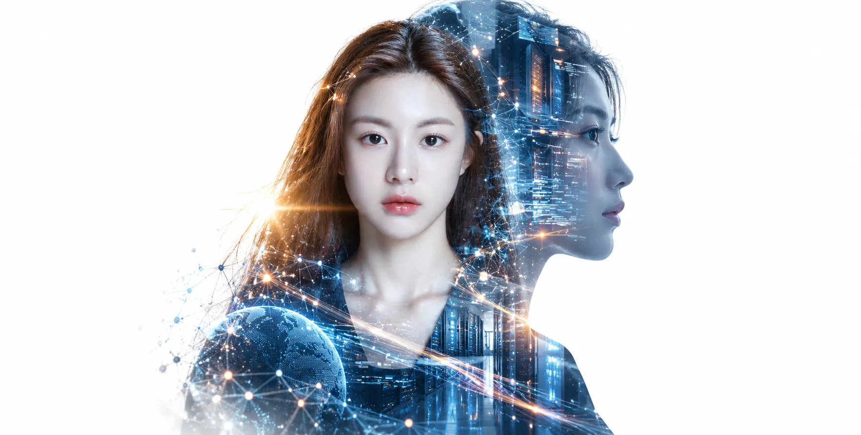 双重曝光下的 AI 工程师剪影