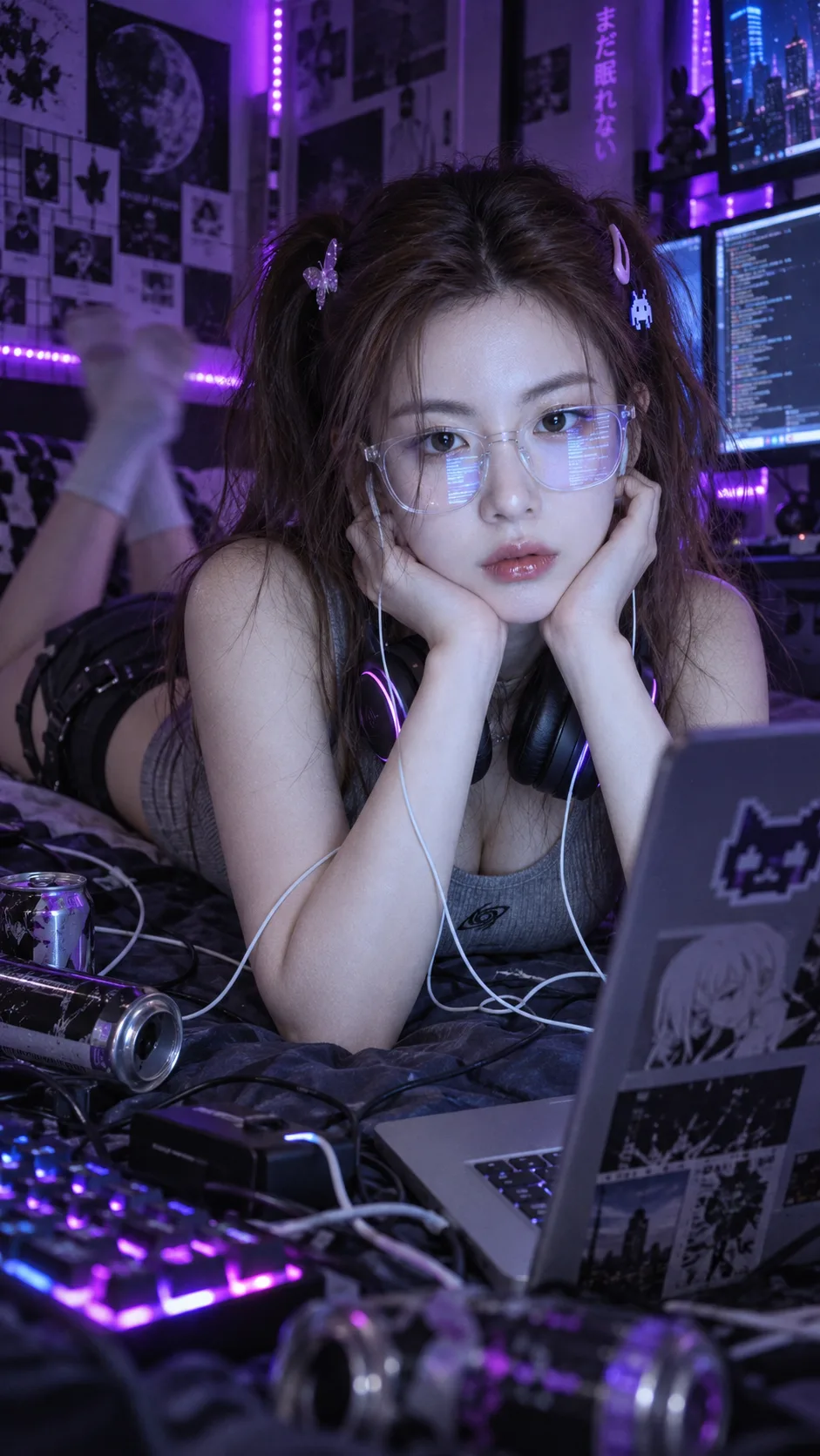 冷蓝屏幕下的忧郁电竞少女