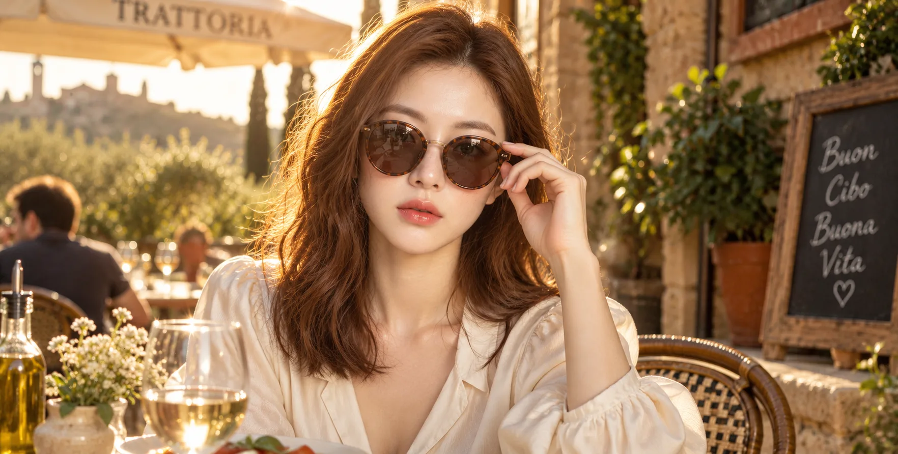 意式黄昏下的墨镜红发女郎