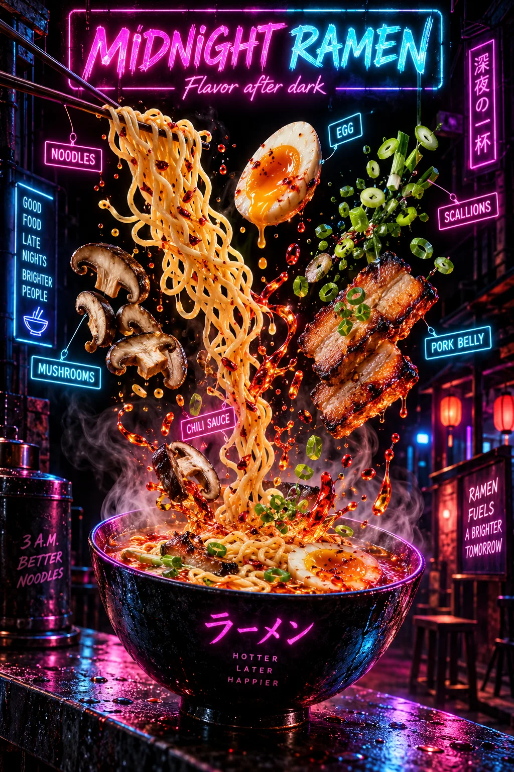 赛博霓虹夜市悬浮美食