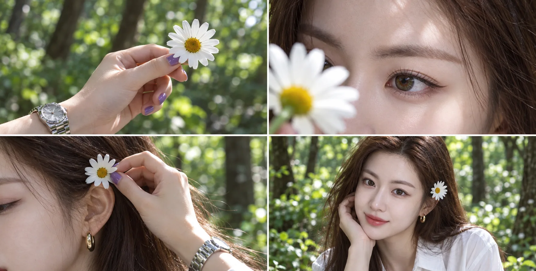 森系少女与白雏菊的四格光影拼贴
