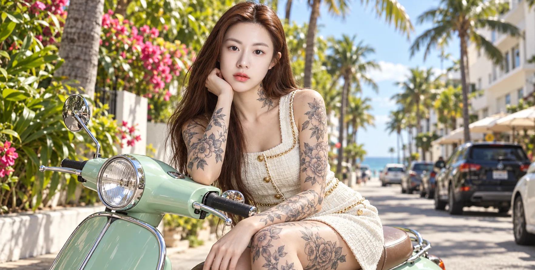 阳光街头的花卉纹身与薄荷绿复古机车