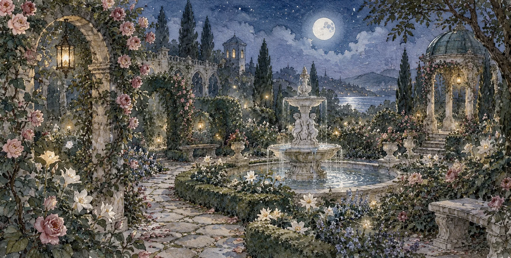 午夜魔法花园的水彩梦境