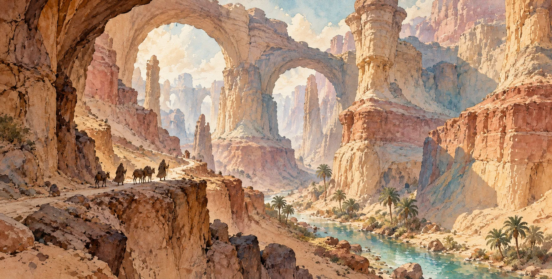 巨石峡谷绿洲商旅奇幻水彩插画