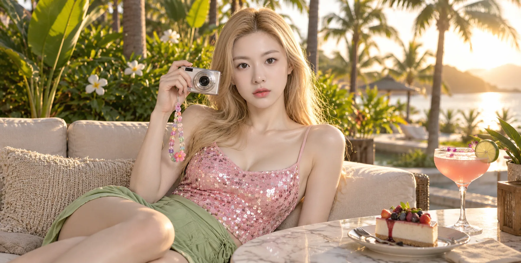 热带黄昏度假的金发女子