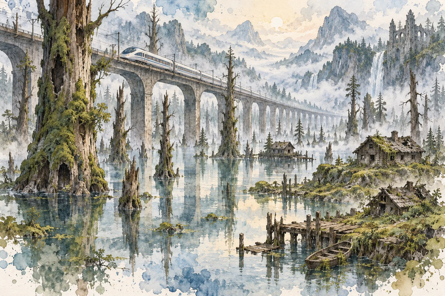 幻境水彩：穿行水淹密林的列车