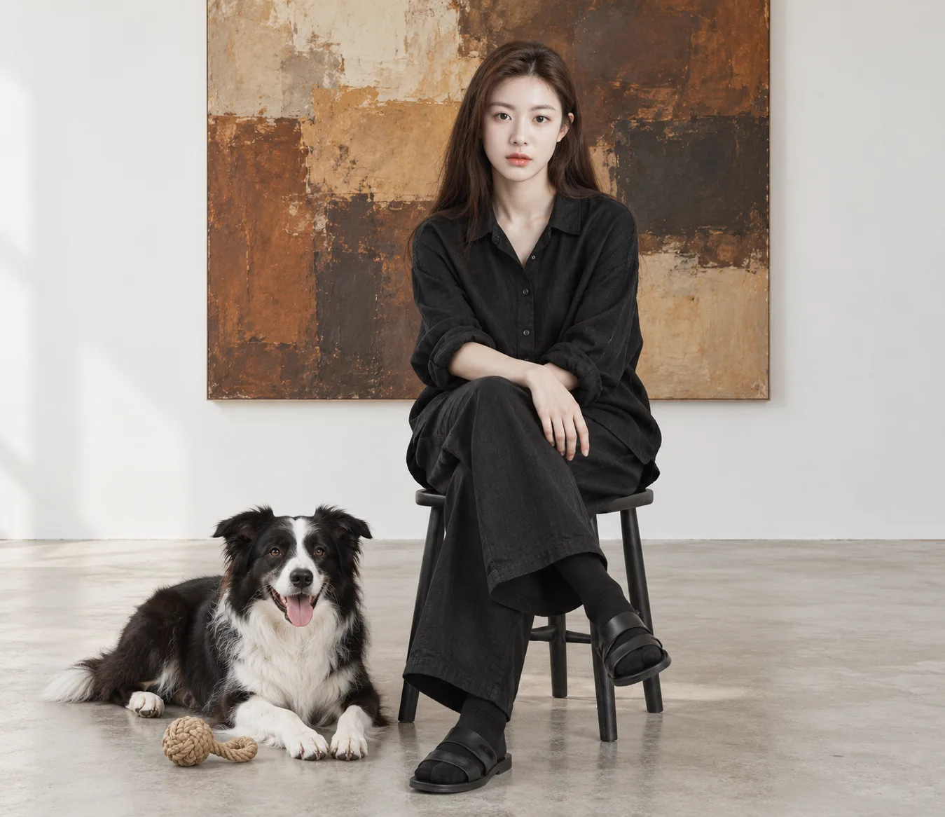 当代画廊中的黑衣人像与牧羊犬