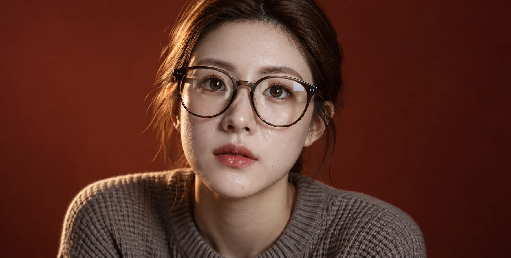 赤陶背景下的成年女性复古眼镜肖像