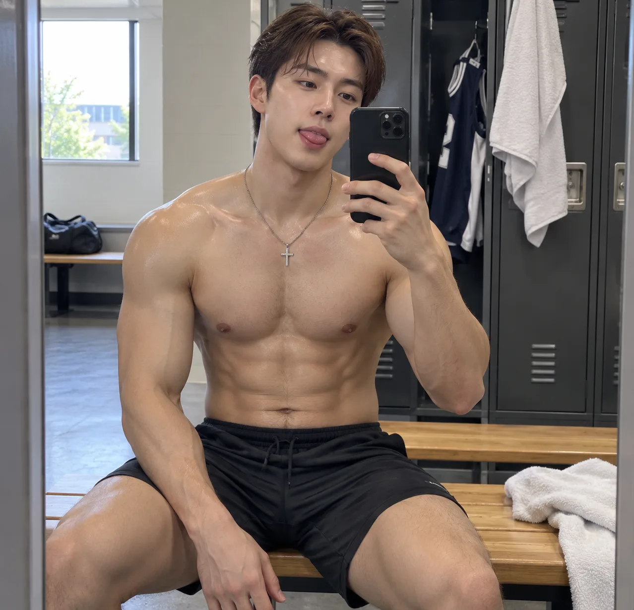 健身后更衣室里的成年男士镜自拍