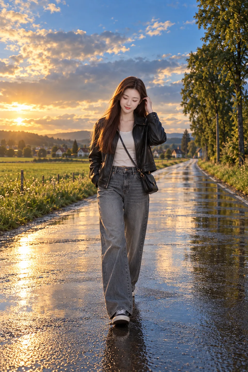 雨后金色云霞中的乡间漫步