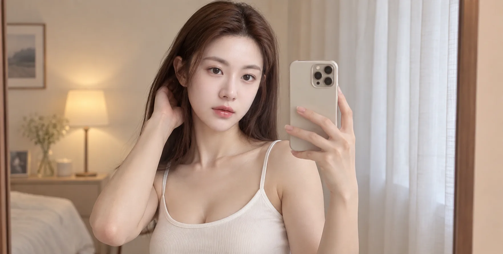 窗帘柔光中的白衣镜面自拍