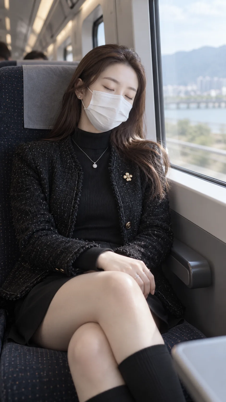列车窗边的静谧休憩肖像