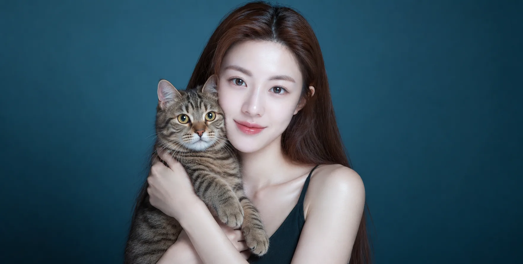 成年女性温柔拥抱虎斑猫的青绿色影棚肖像