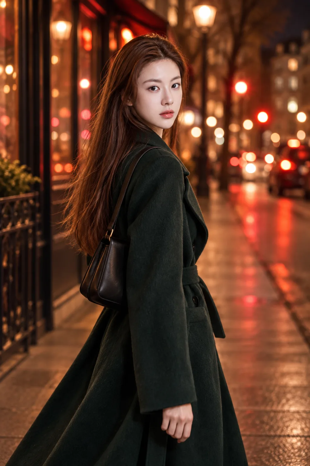 暖色夜灯下的深绿大衣街拍
