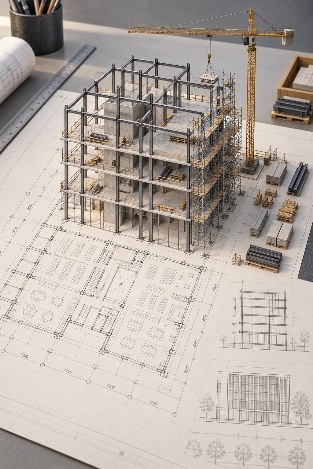 从建筑蓝图中生长的微缩施工模型