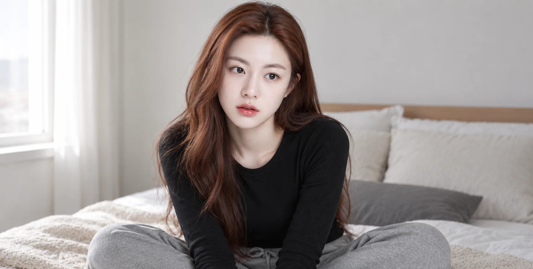 成年红发女性卧室中的静谧情绪人像