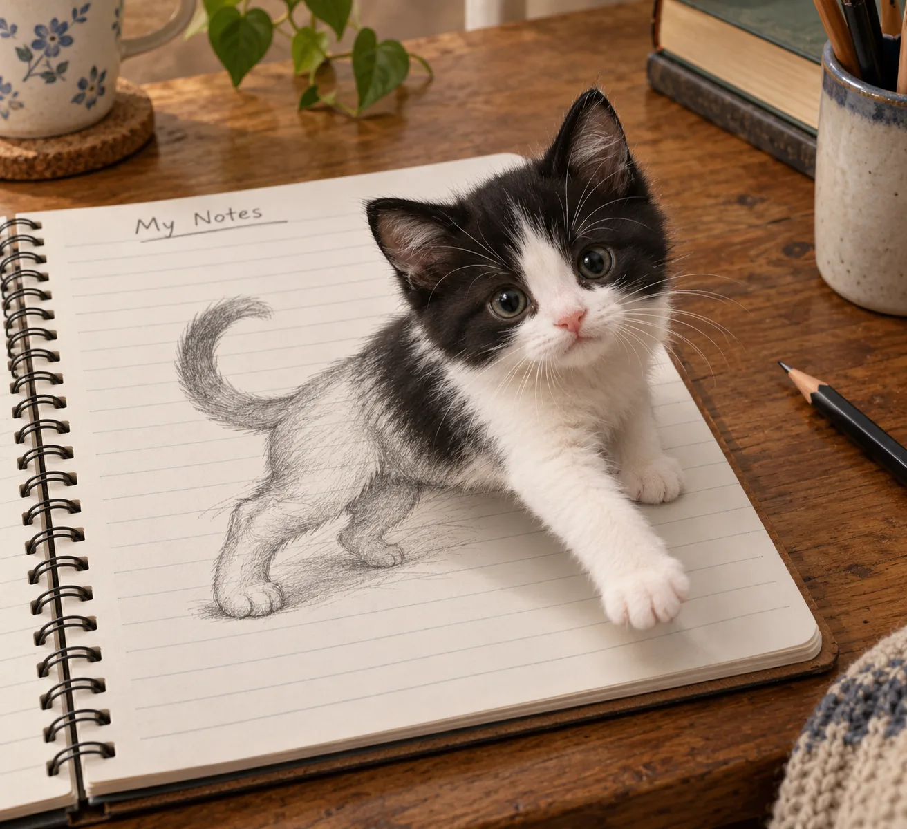 从螺旋笔记本跃出的黑白小猫