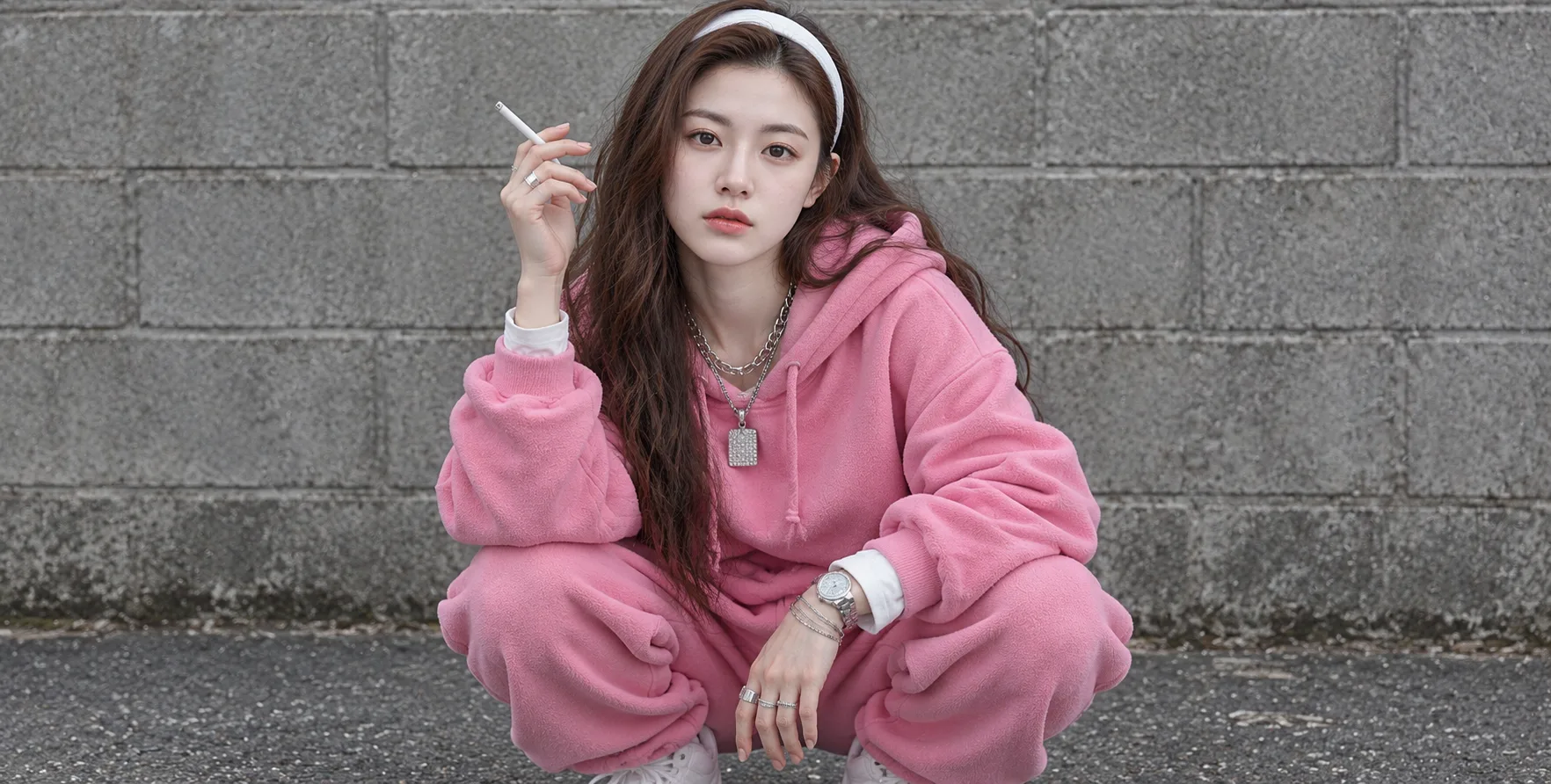 泡泡糖粉运动套装的成年女性街头时尚肖像