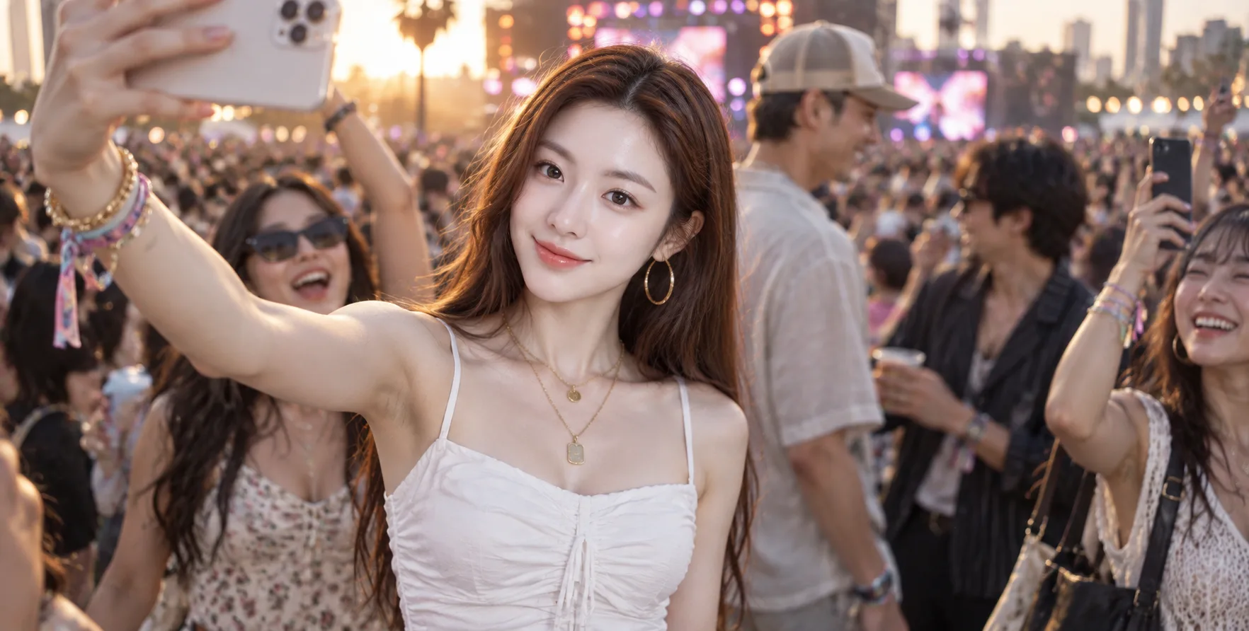 音乐节人群中的白裙自拍肖像