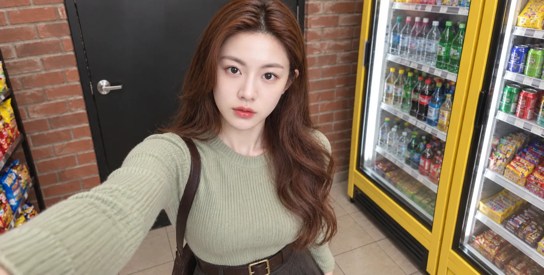 红发成年女性便利店随性时尚自拍