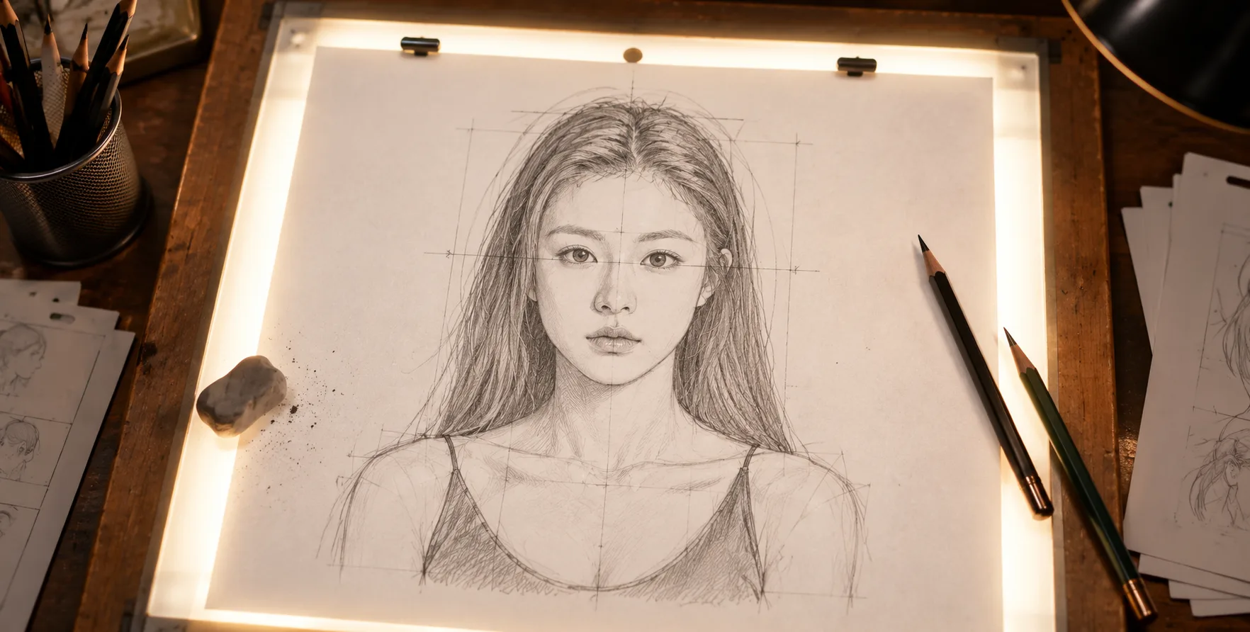 暗室中透写台上的精致素描