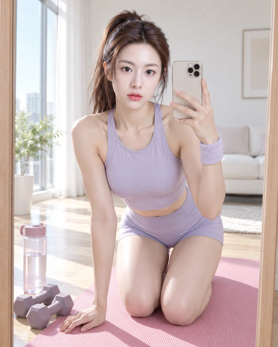 粉紫色成年人的极简健身自拍