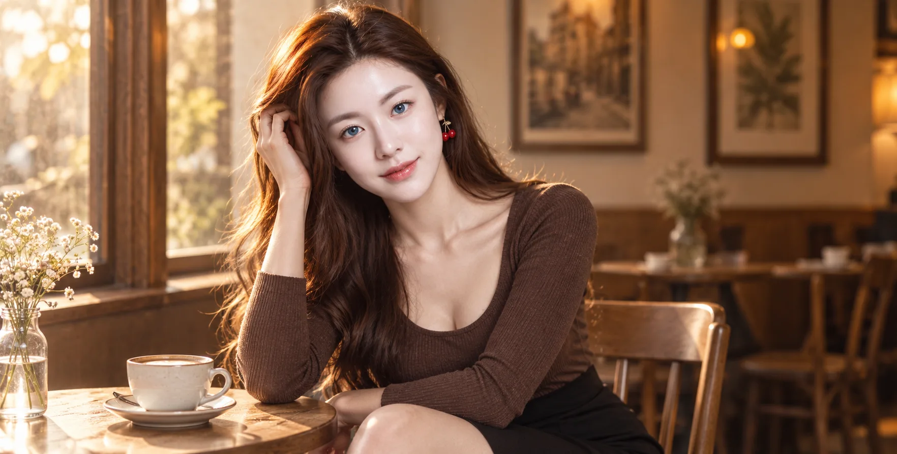 咖啡馆里的成年女性与樱桃耳环