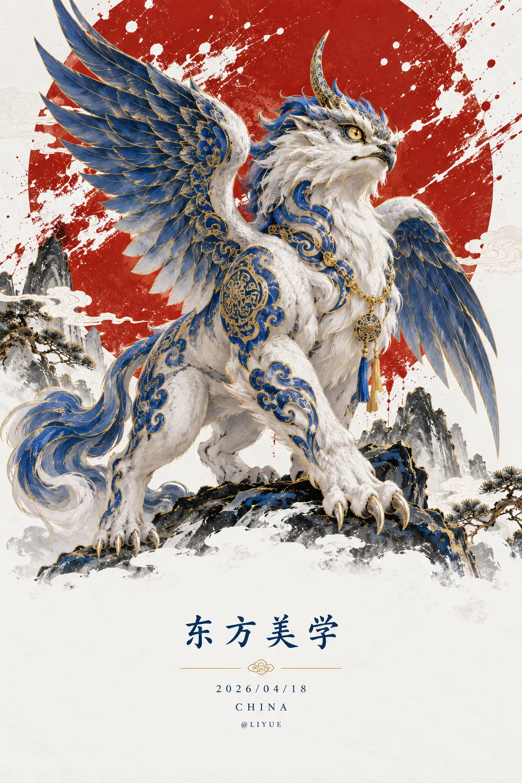 荧光蓝穷奇新中式山水画