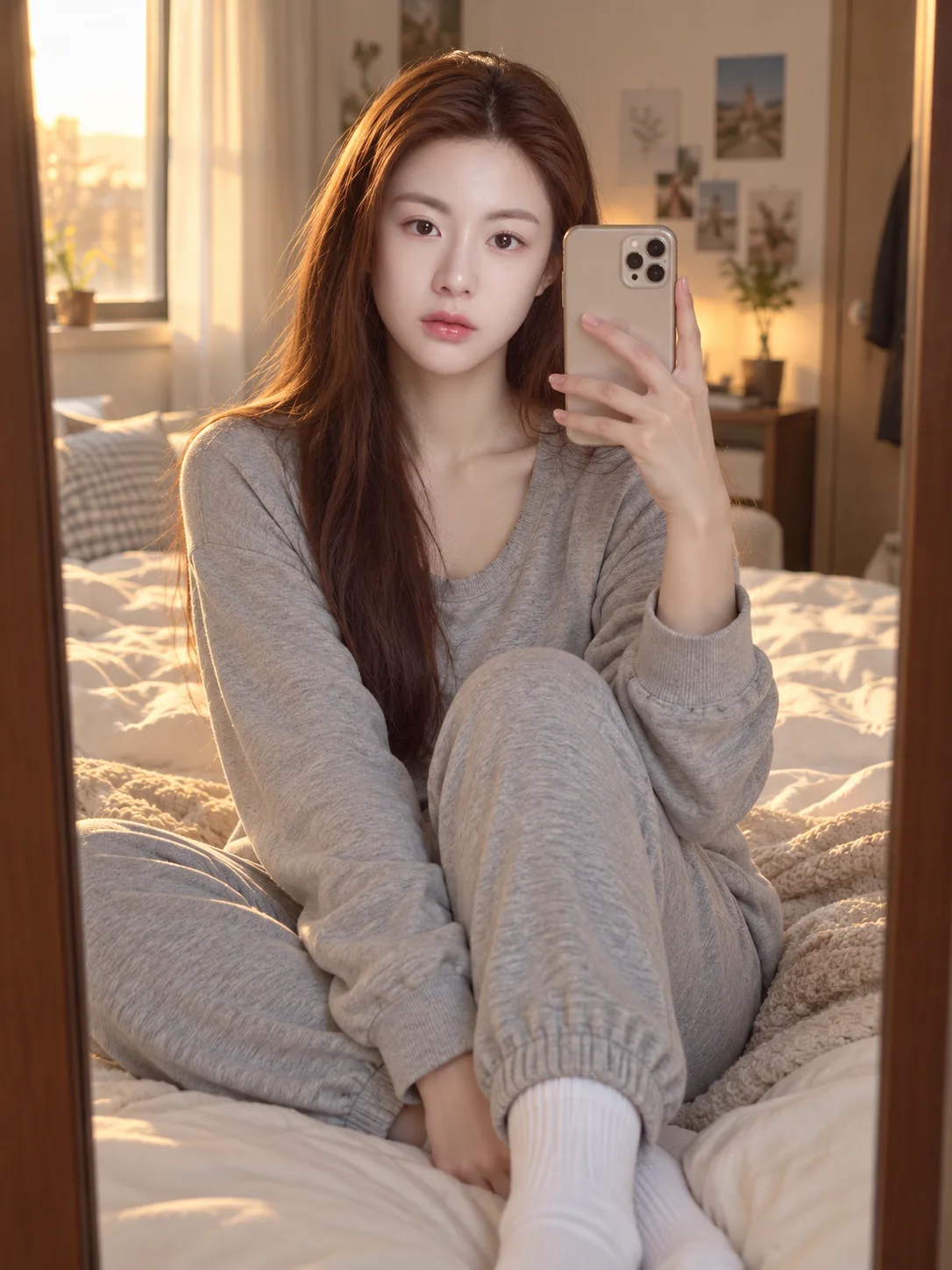 温馨卧室里的成年女性镜前自拍