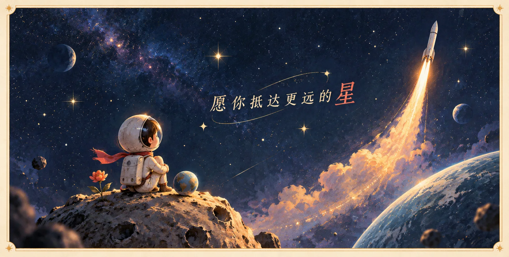 星际小王子风格的原创太空明信片
