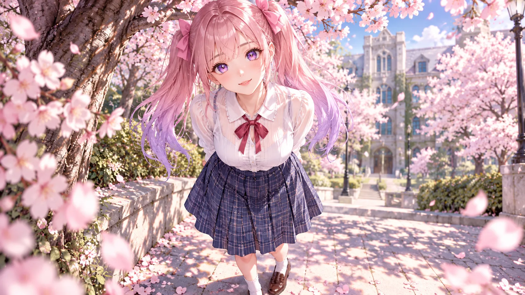 Adult Pink Twin-Tail Portrait Beneath Cherry Blossoms