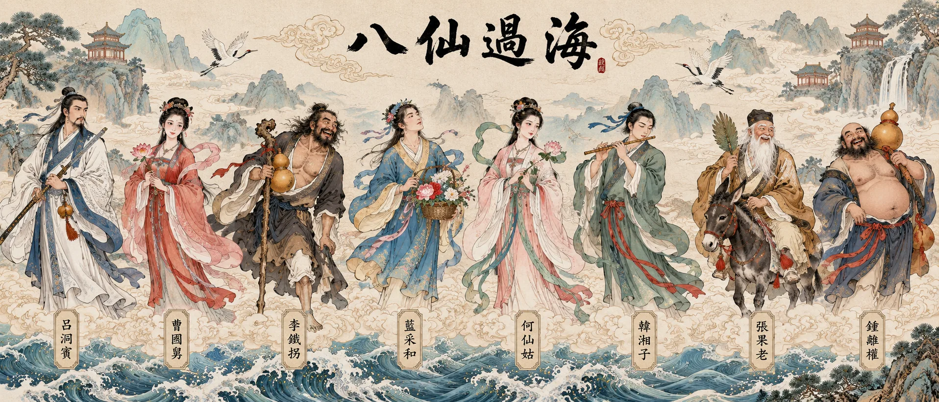 Traditional Chinese Gongbi Character Group Long Scroll