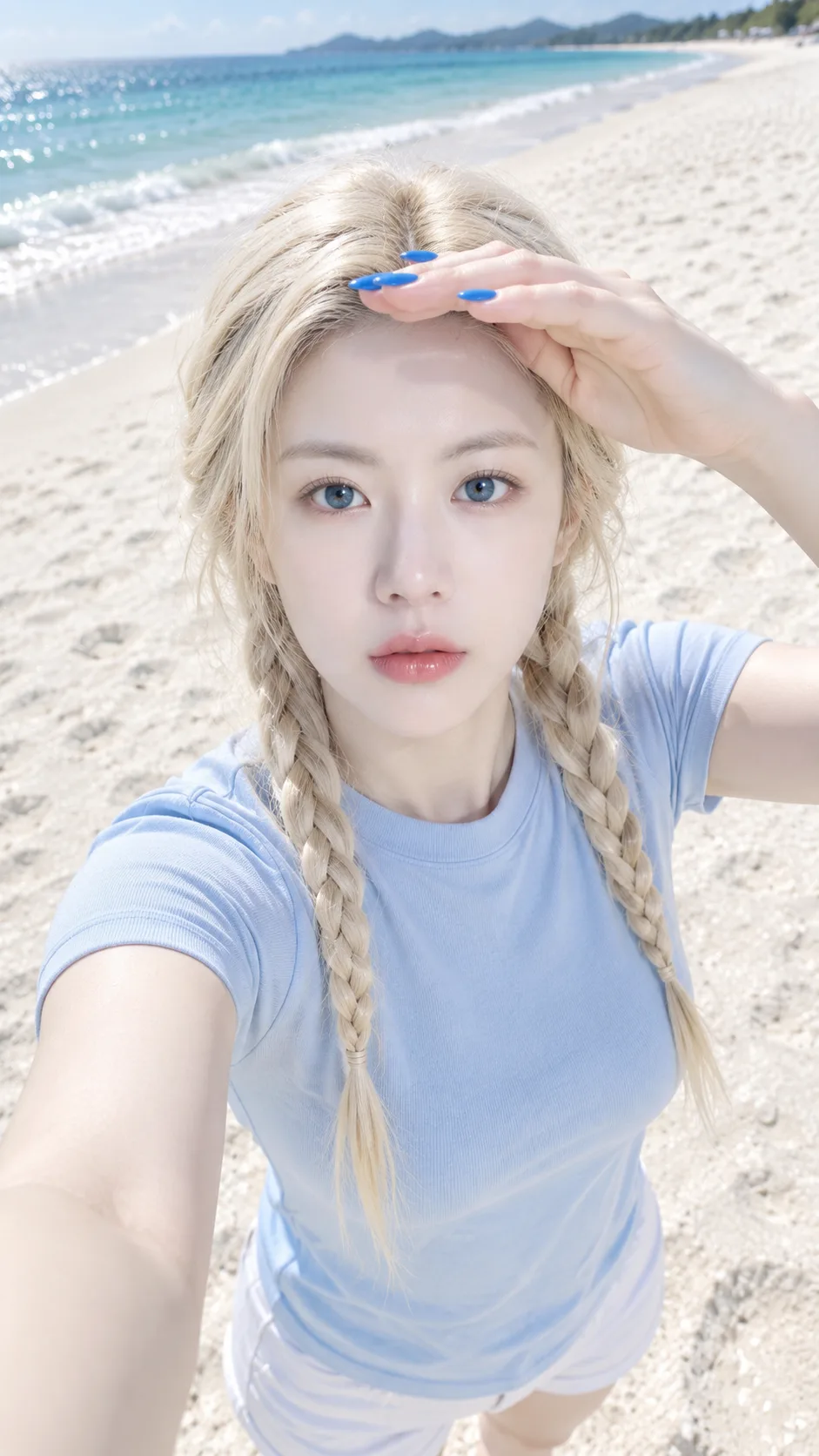 Ice-Blue Beach Selfie in Bright Coastal Light