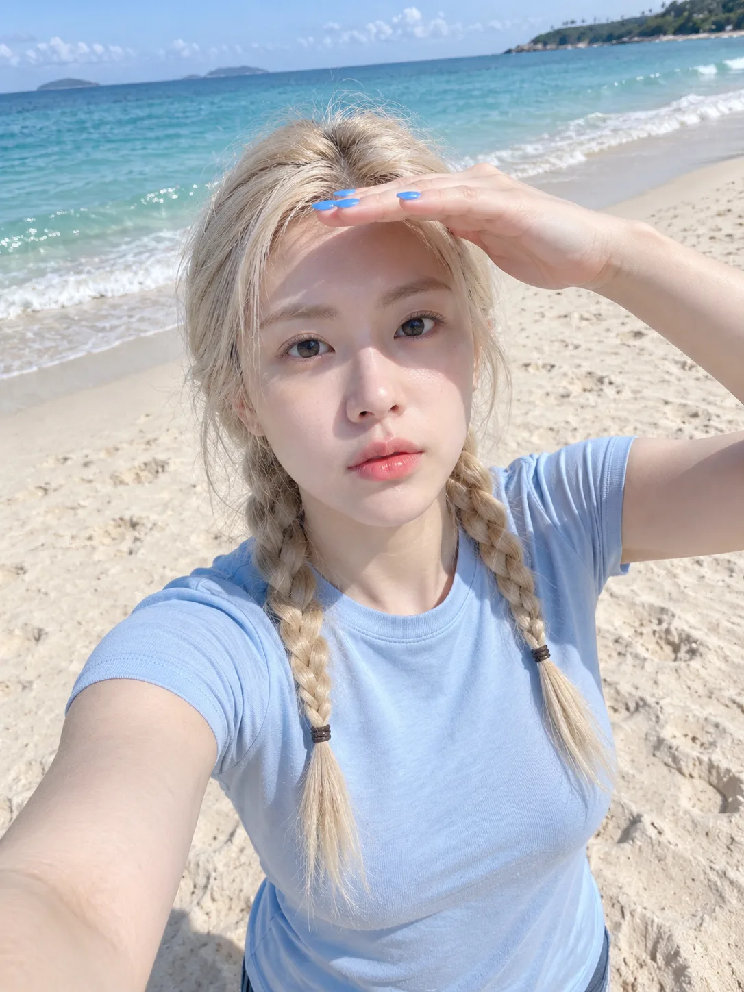 Ultra-Realistic Platinum-Braid Beach Selfie