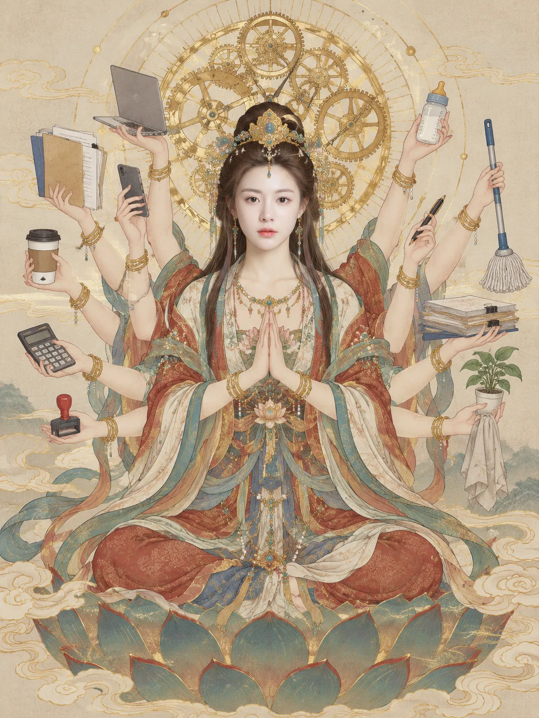 千手慈悲守护者的现代多任务工笔画
