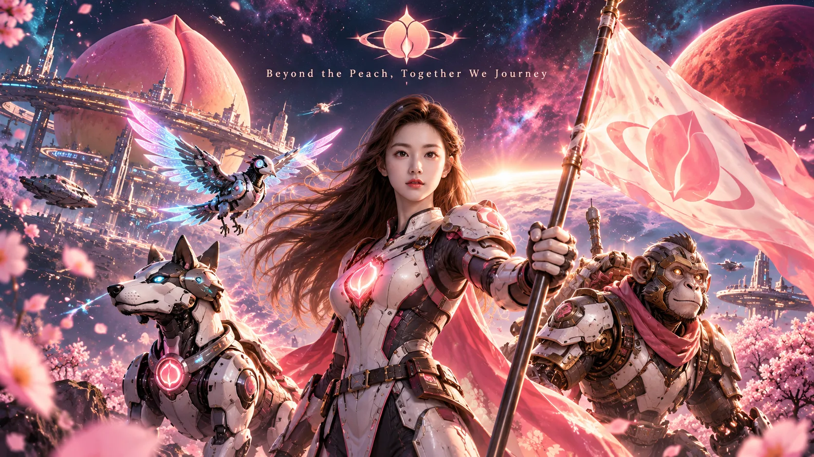 赛博科幻桃太郎主视觉插画