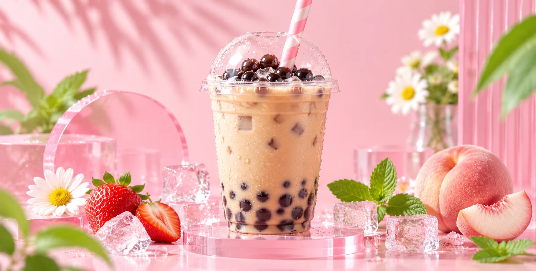 粉色少女风珍珠奶茶特写广告