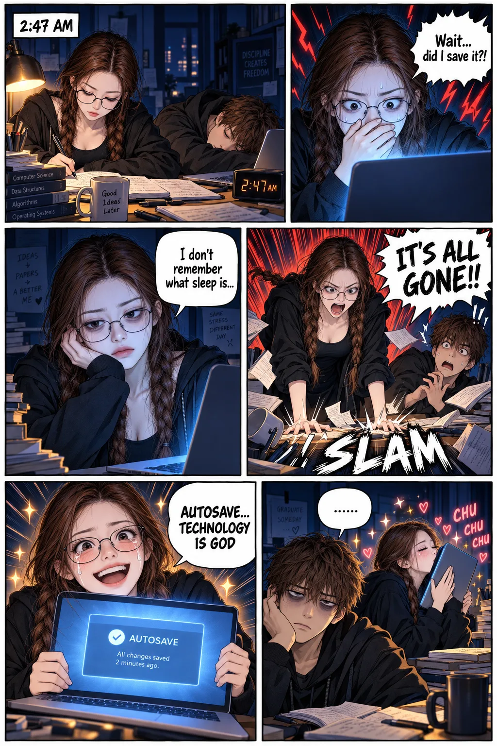 深夜赶稿崩溃与自动保存救赎六格漫画