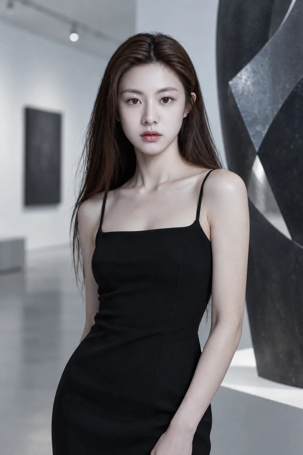冷艳黑裙女郎凝视艺术展