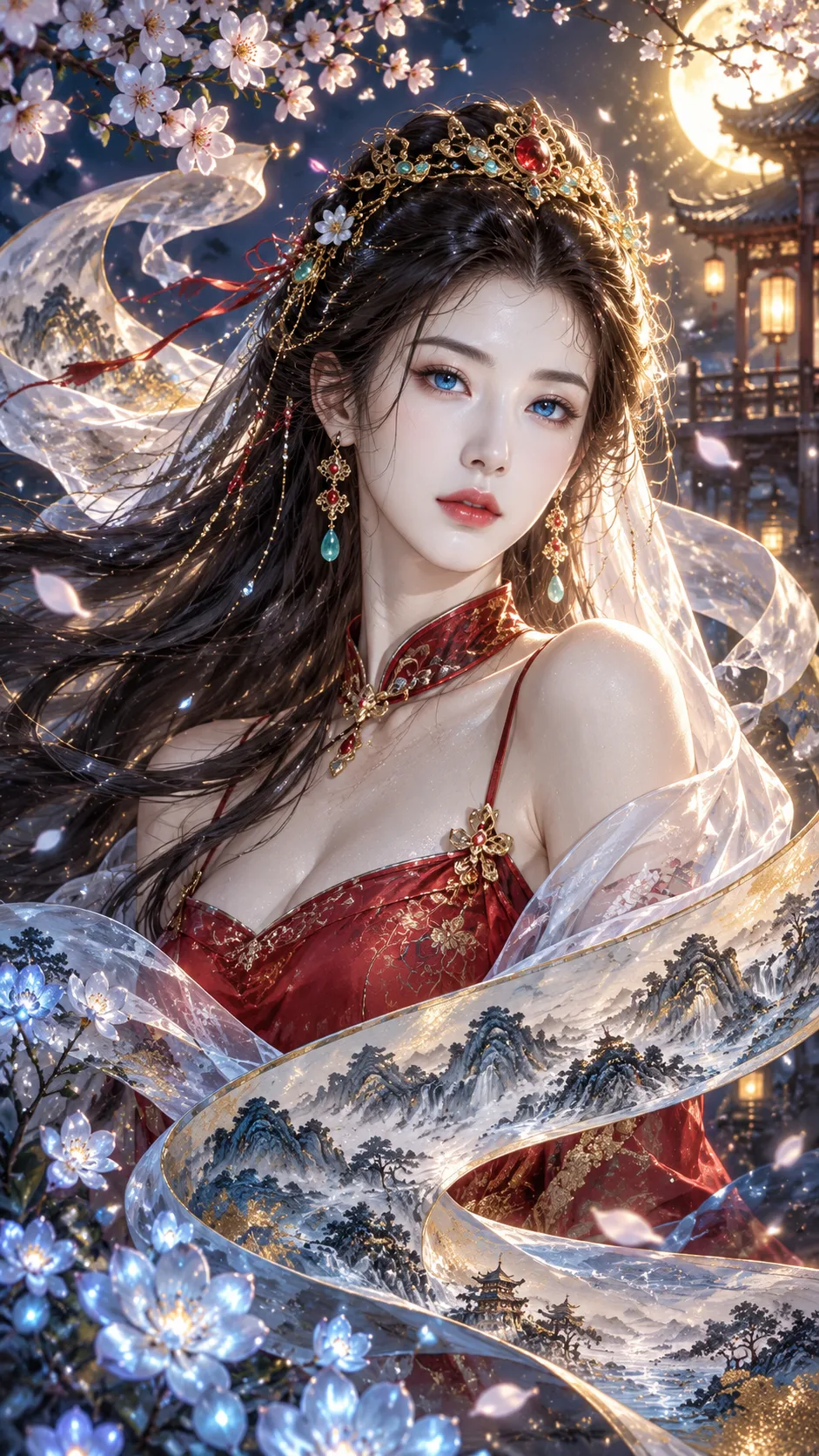 山水长卷环绕的国风幻想肖像