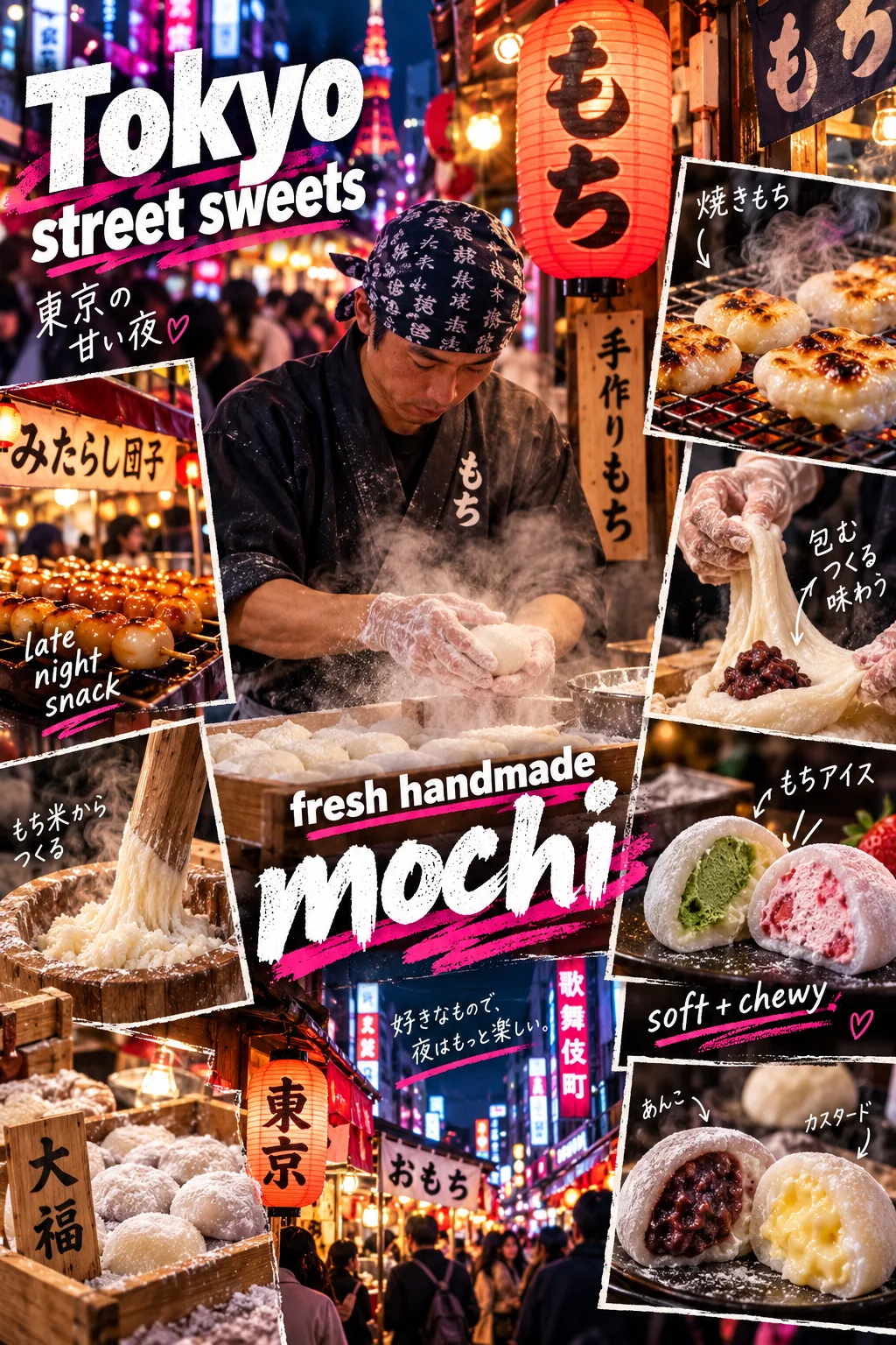 霓虹灯下的东京麻薯夜市
