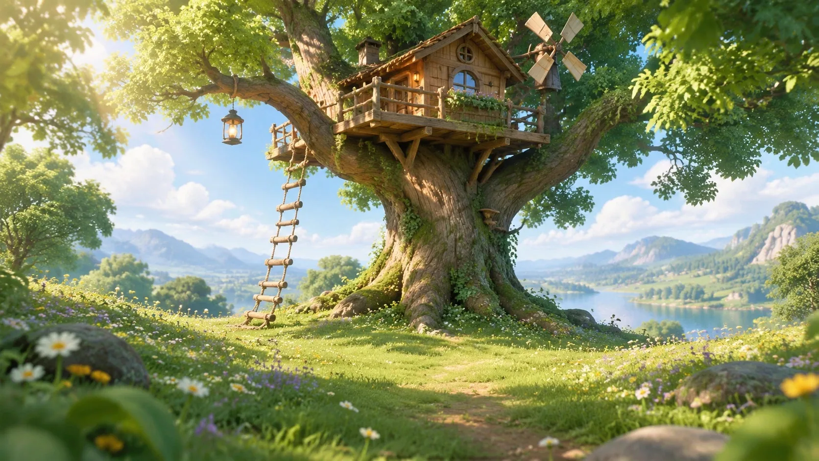 3D卡通动画场景图-山丘树屋